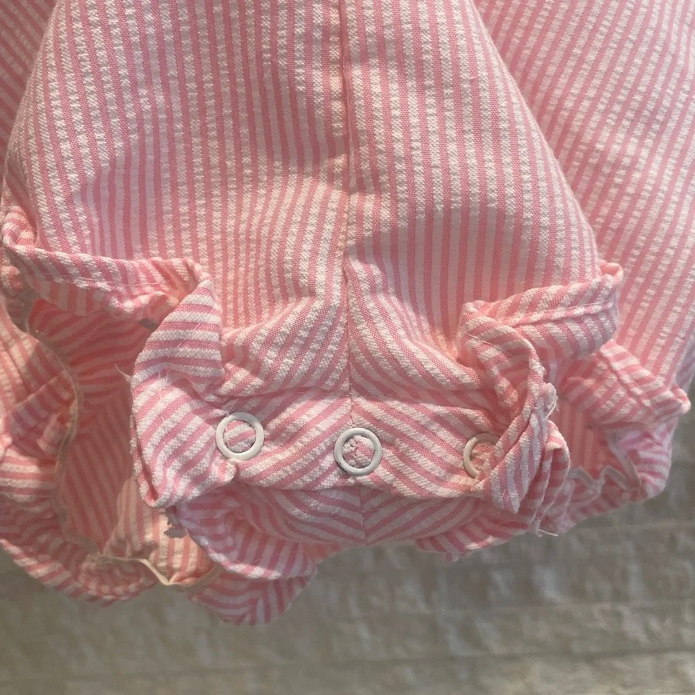 Pink Seersucker Baby Girl Bubble Romper with Tulip Embroidery